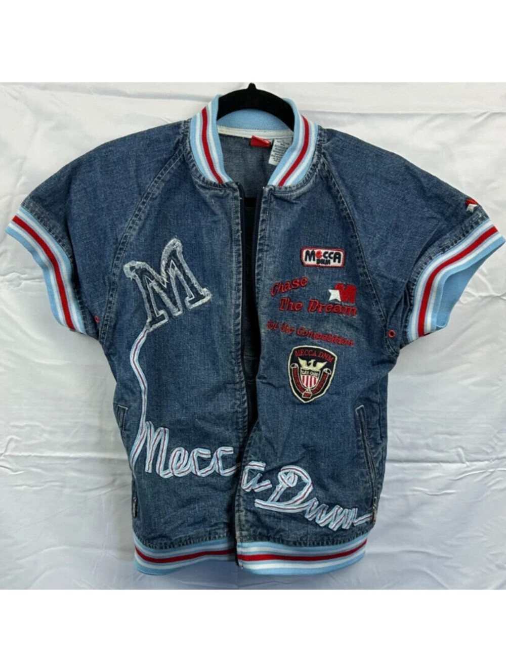 Mecca DNM Youth Size Small 8 Blue Denim Zip Up Short Sleeve Shirt
